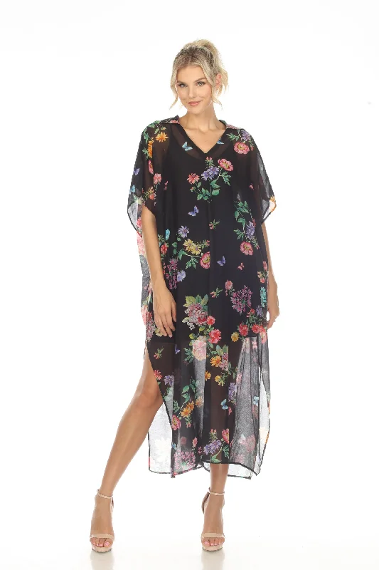 Johnny Was Black Butterfly Collared Swim Cover-Up Kaftan Dress Boho Chic CSW3523-M