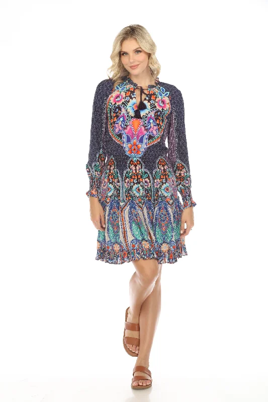 Johnny Was Saba Smocked Long Sleeve Swim Cover-Up Dress CSW5721-J Boho Chic