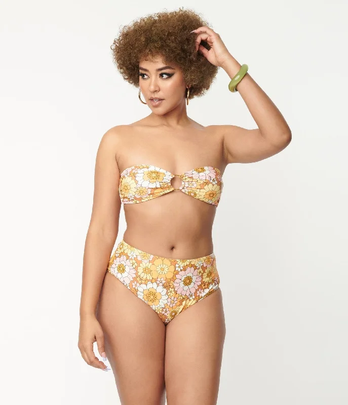 Magnolia Place 1970s Mustard Floral Print Two Piece Swimsuit