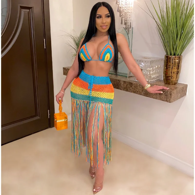 Handmade Crochet Beach Dress Cover Up Rainbow Tassel Sexy 2 Piece Crop Top and Skirt Beach Swimwear Set