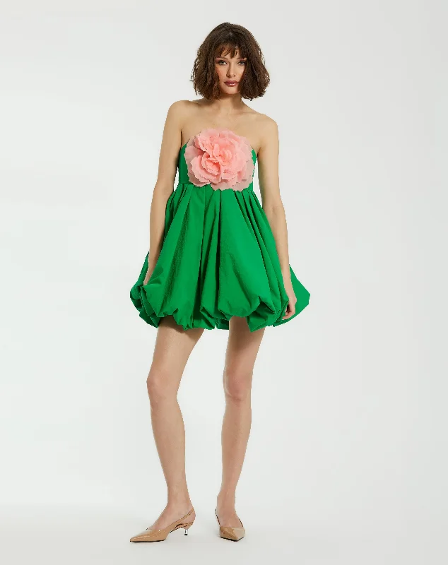 Spring Green Strapless Faille Mini Dress With 3D Flower