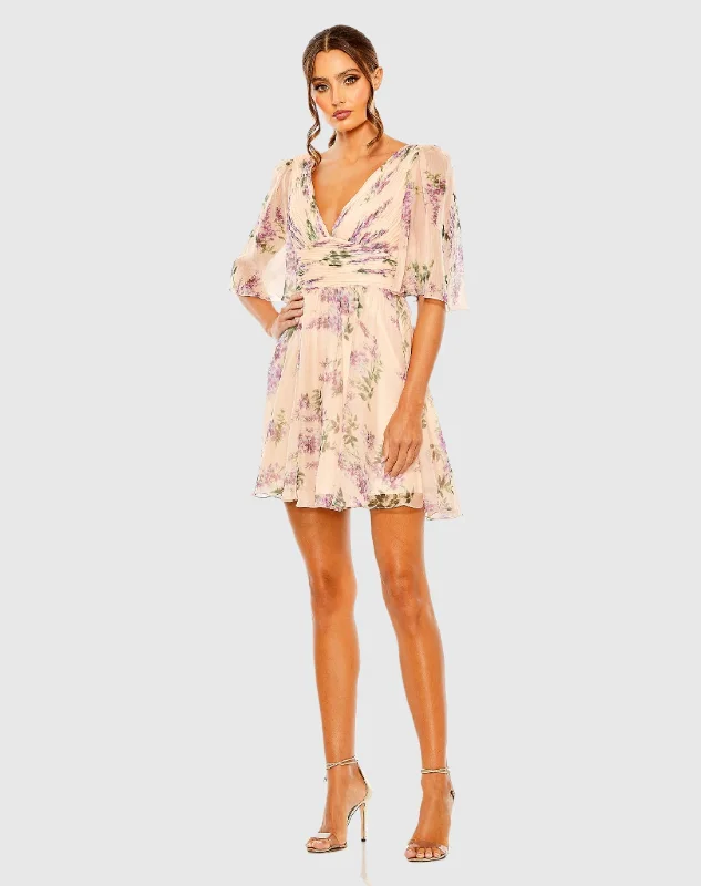 Floral Print 3/4 Sleeve A Line Mini Dress