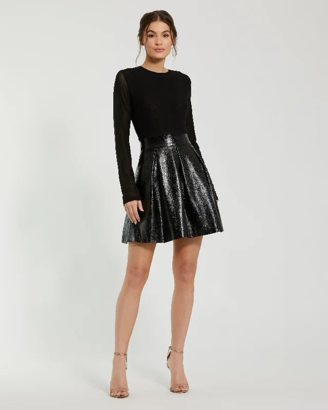 Mesh And Leather Long Sleeve A Line Mini Dress