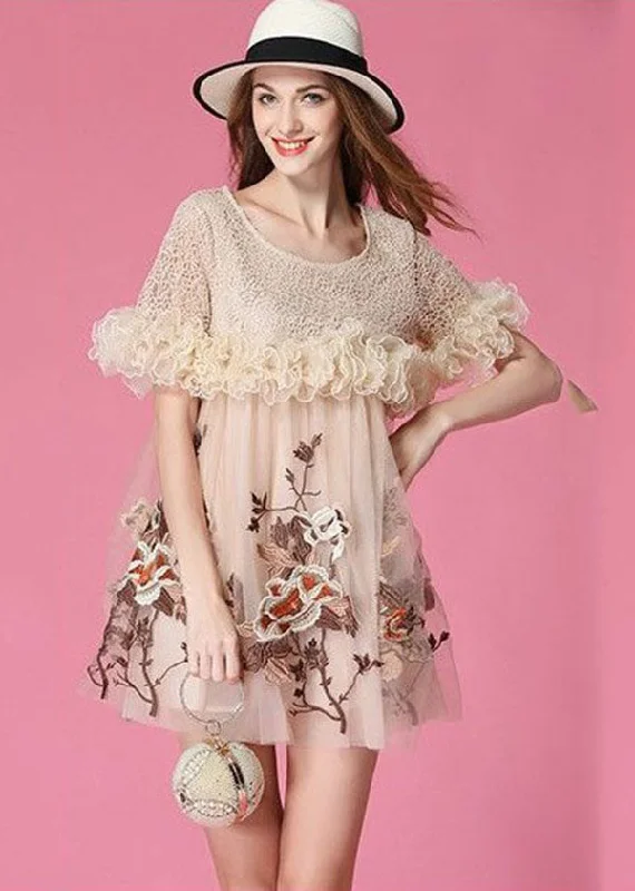 Art Beige Embroidered Ruffled Patchwork Organza Mini Dresses Short Sleeve