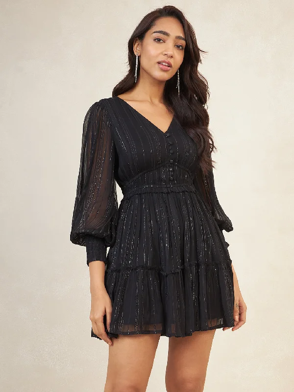 Black Lurex Tiered Mini Dress