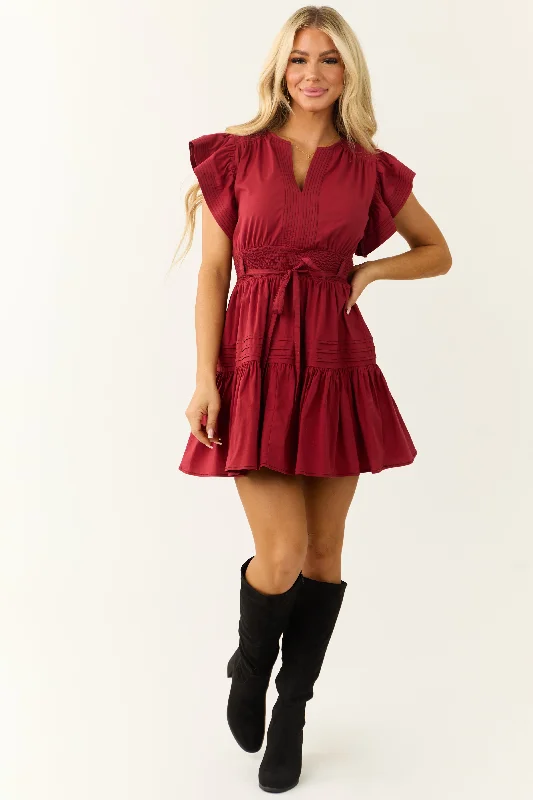 Maroon Ruffle Short Sleeve V Neck Mini Dress