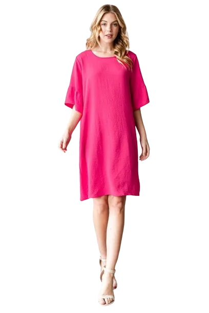 Plus Size Ruffled Round Neck Solid Mini Dress with Keyhole Back and Side Pocket Hot Pink - Pack of 6