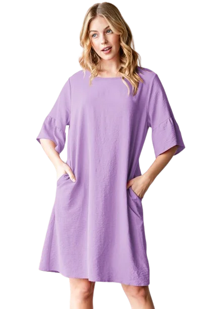 Plus Size Ruffled Round Neck Solid Mini Dress with Keyhole Back and Side Pocket Lavender - Pack of 6