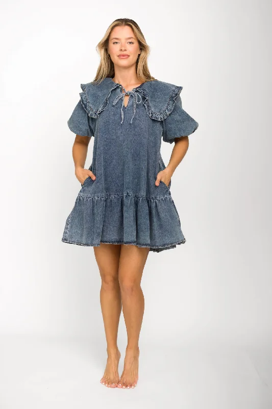 Cecile Denim Mini Dress with Collar in Medium Wash