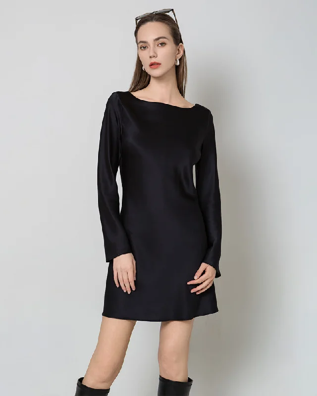 Silk Open-Back Long Sleeve Mini Dress