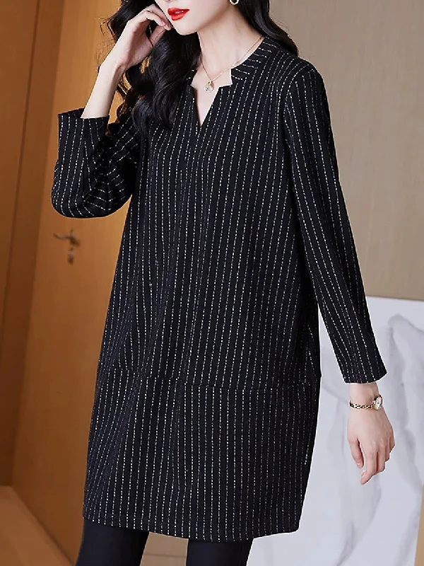 Women Autumn Casual Stripe V-Neck Mini Dress