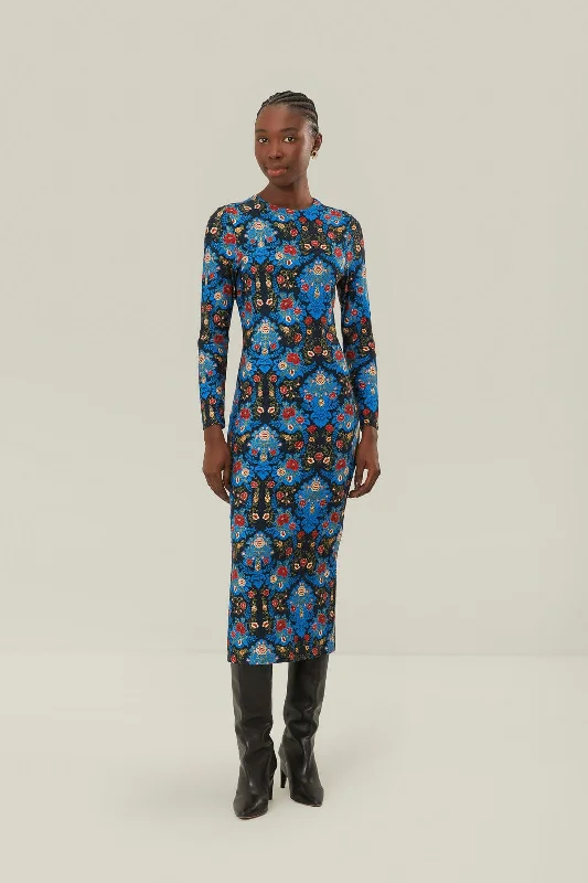 Blue Arabesque Floral Jersey LENZING™ ECOVERO™ Midi Dress