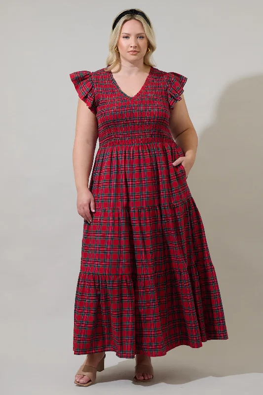 Arvada Plaid Sunfire Smocked Bodice Tiered Midi Dress Curve