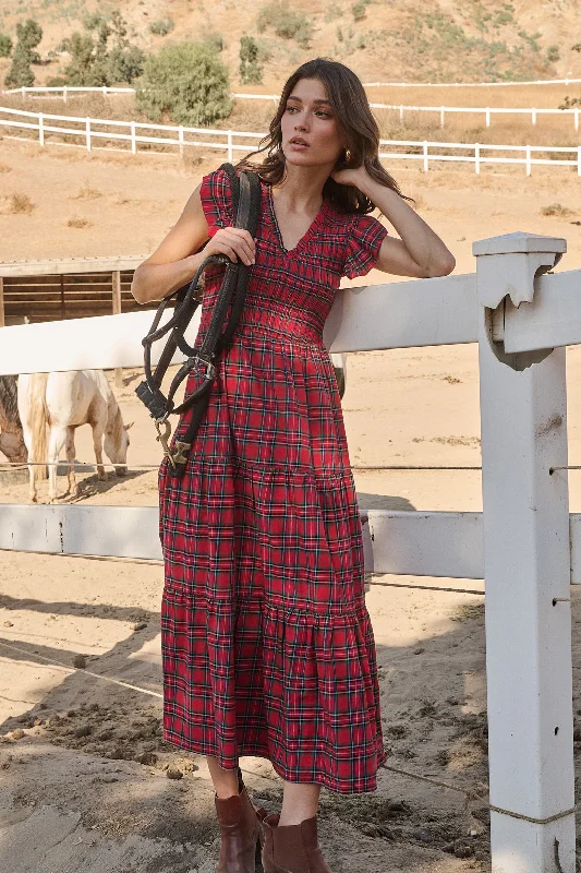 Arvada Plaid Sunfire Smocked Bodice Tiered Midi Dress