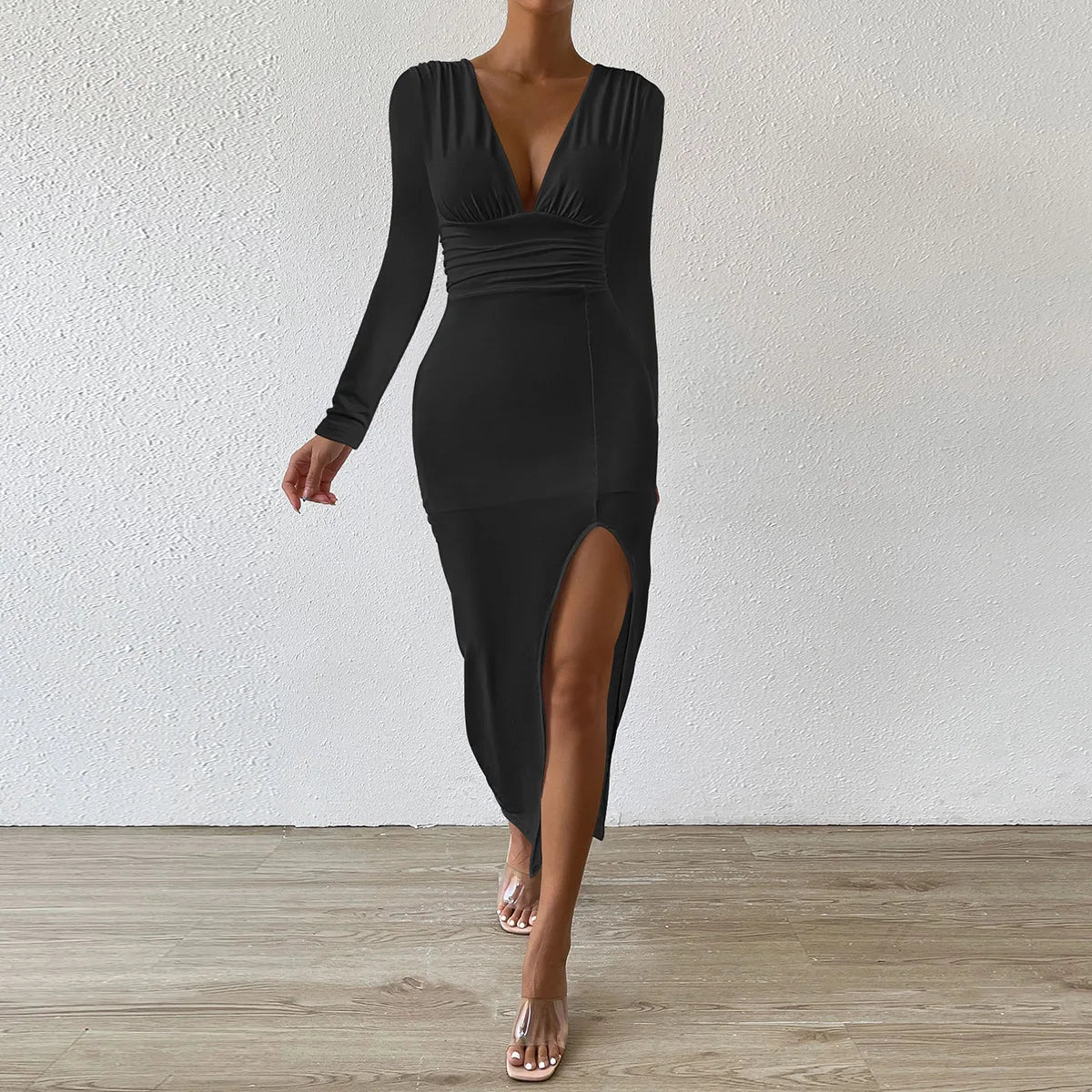 Elegant Autumn V Neck Long Sleeve Midi Dress Split Midi Black Dress Irregular Slim Midi Dress