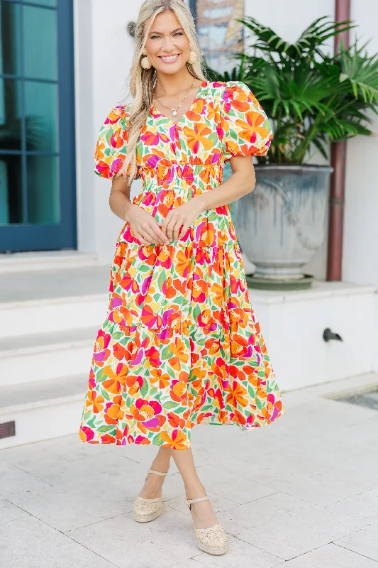 Fate: First Hand Coral Orange Floral Midi Dress