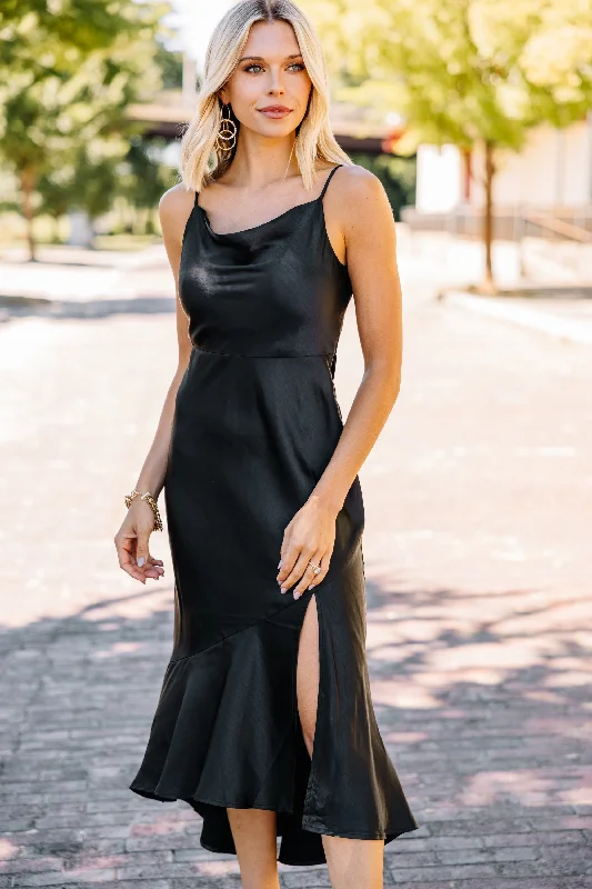 Feeling Fancy Black Satin Midi Dress