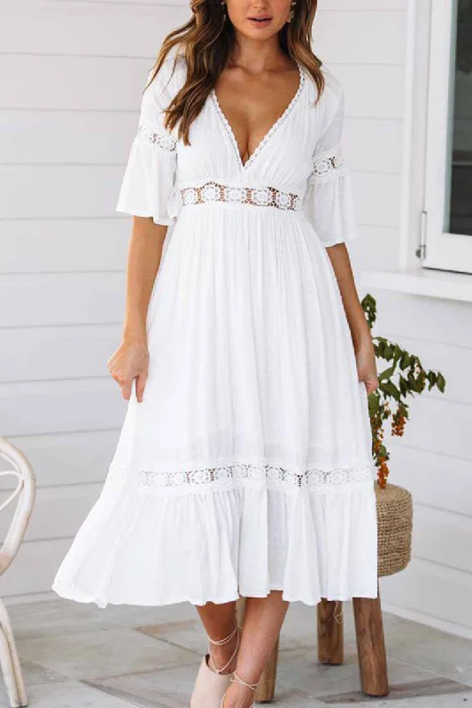 Florcoo White Lace Midi Dresses