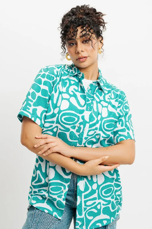 Green Abstract Print Women's Resort Shirt