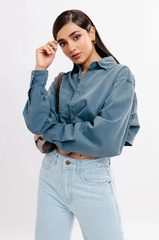 Grey Full Sleeves Crop Shirt