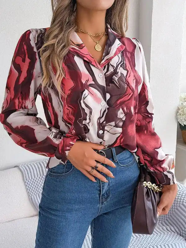 New women’s casual color contrast striped suit collar long-sleeved shirt