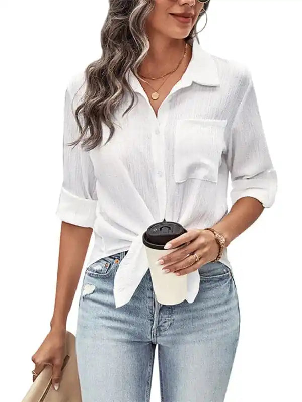 New women’s solid color long-sleeved white shirt