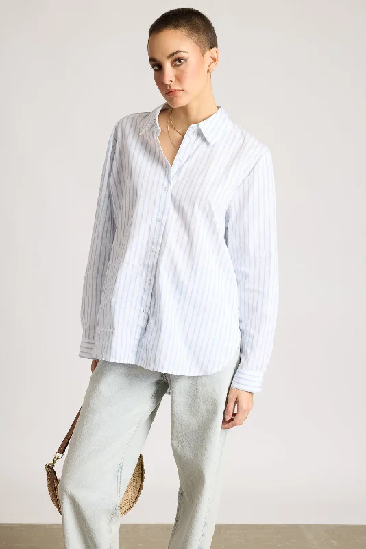 Relaxed Fit Cotton Women's White Shirt With Blue Stripes