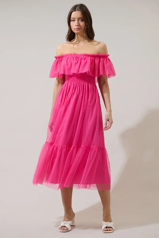 Trace Tulle Off the Shoulder Midi Dress