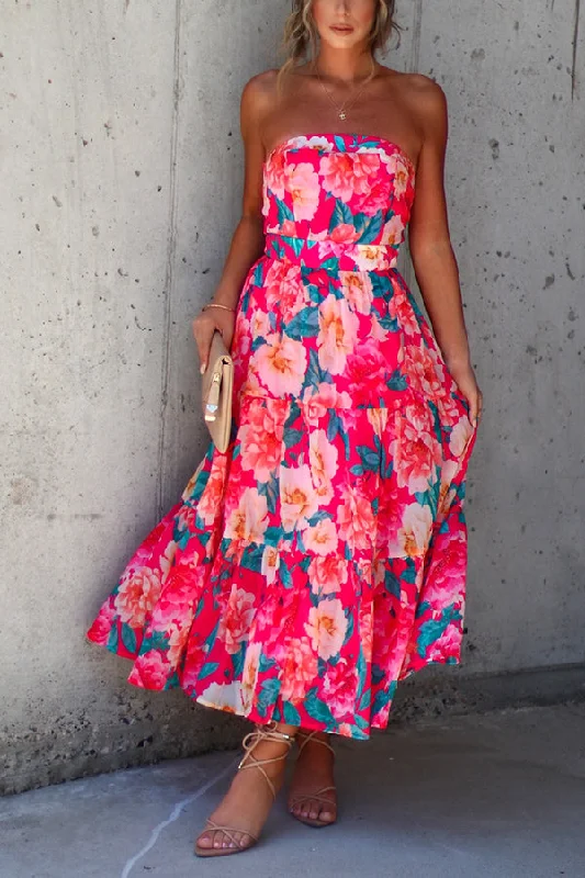 Valeria Floral Strapless Tiered Midi Dress