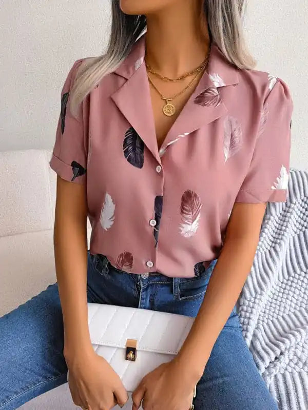 Women’s Elegant Feather Print Loose Short Sleeve Shirt