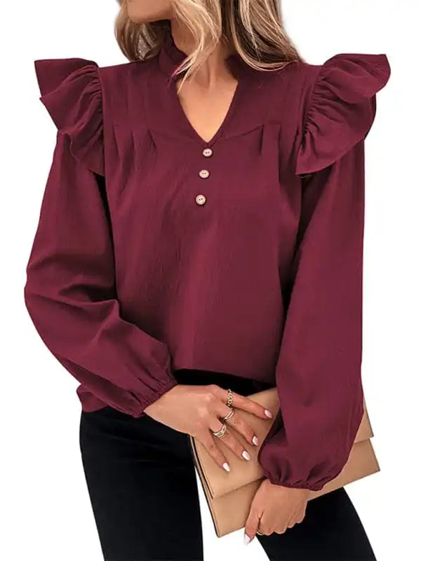 Women’s New Red V-neck Long Sleeve Solid Color Shirt Top