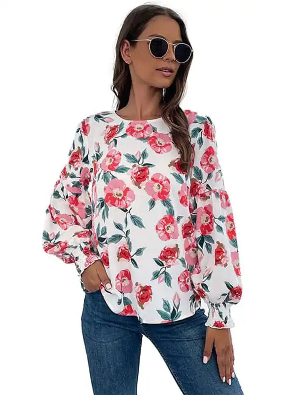 Women’s New Round Neck Long Sleeve Floral Shirt Top