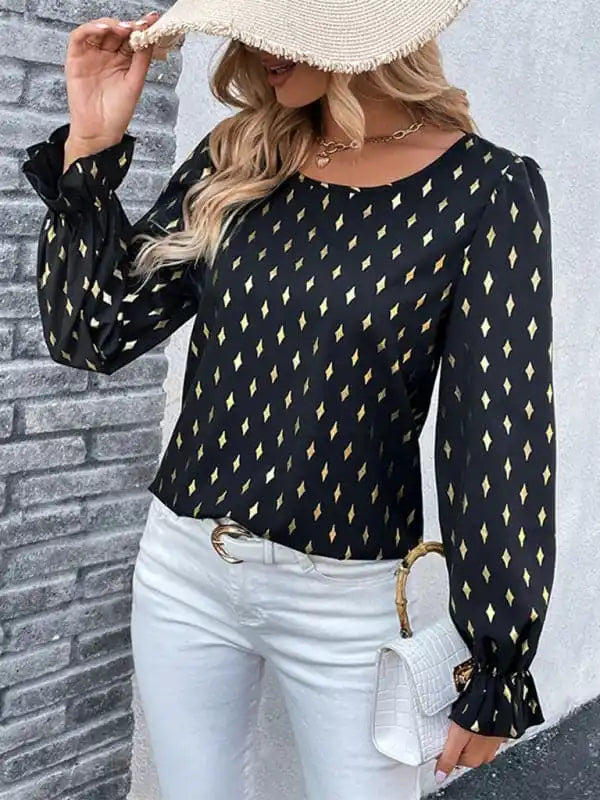 Women’s polka dot black bronzing shirt with long sleeves