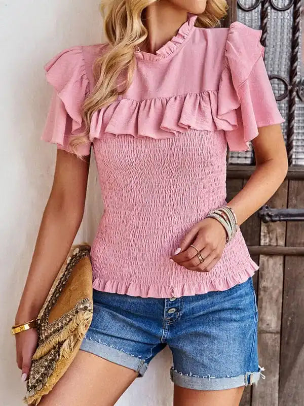 Women’s solid color temperament elegant ruffled short-sleeved shirt