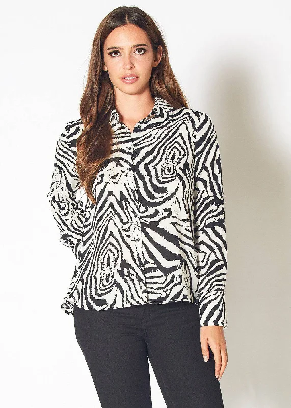 Women's Zebra Button Up Shirt Blouse in Blk White Zebra