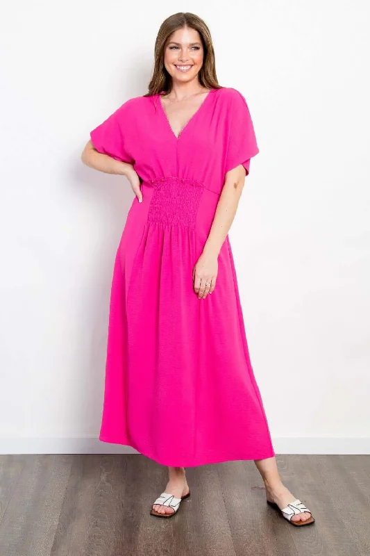 Shirred Front Short Sleeve Maxi Dress