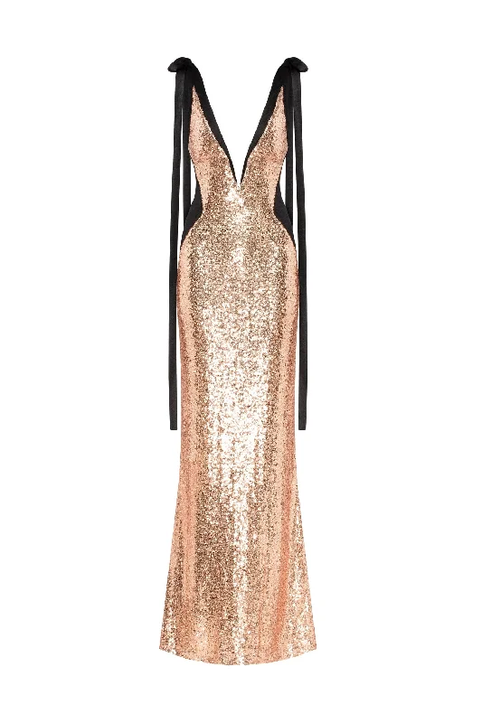 Bizzare fully sequined tie-straps gold maxi dress, Smoky Quartz