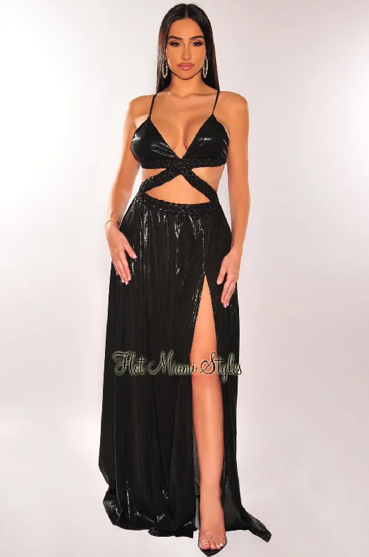 Black Shimmery Spaghetti Straps Braided Cut Out Slit Maxi Dress