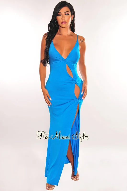 Blue Spaghetti Straps Knotted Cut Out Slit Maxi Dress