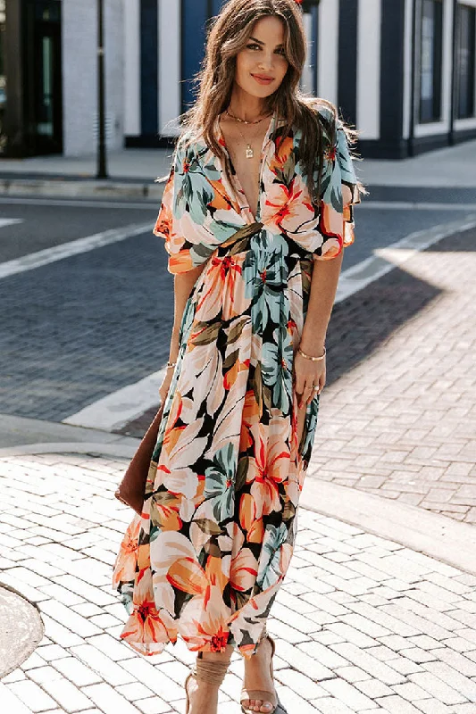 Breezy V Neck High Split Chiffon Beach Vacation Maxi Dress - Floral