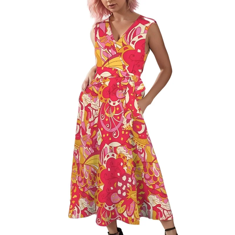 Decora V Neck Sleeveless Pocket Tie Waist Maxi Dress