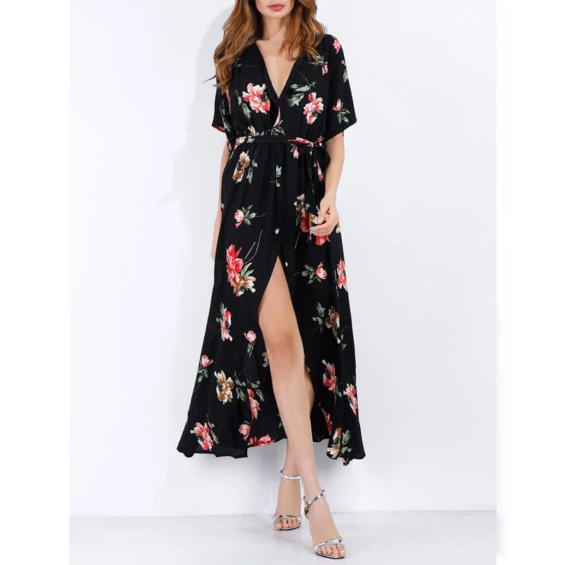 Black Floral Print Long Maxi Dress