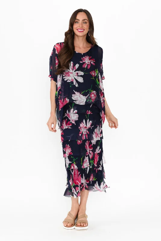 Katerina Navy Bloom Silk Overlay Maxi Dress