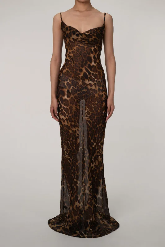 Leopard Spaghetti Strap Cowl Neck Chiffon Slip Maxi Dress - Coffee