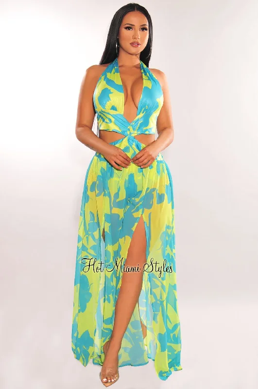 Lime Blue Halter Tie Up Cut Out Double Slit Maxi Dress