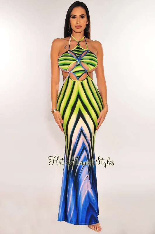 Lime Green Blue Print Halter Cut Out Tie Up Back Maxi Dress