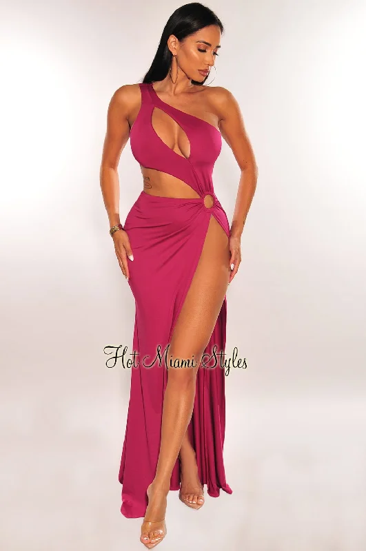 Magenta One Shoulder Keyhole Cut Out O-Ring Slit Maxi Dress