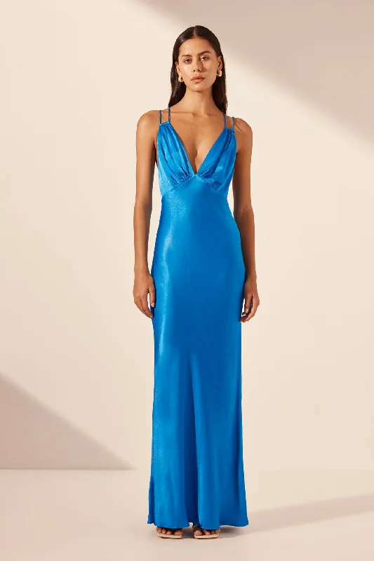 NORA PLUNGED DOUBLE STRAP MAXI DRESS - AQUA