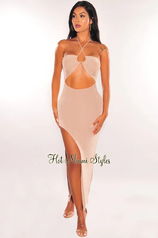 Nude Shimmery Halter Cut Out Slit Maxi Dress