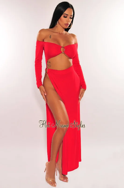 Red Off Shoulder O-Ring Cut Out Long Sleeves Slit Maxi Dress